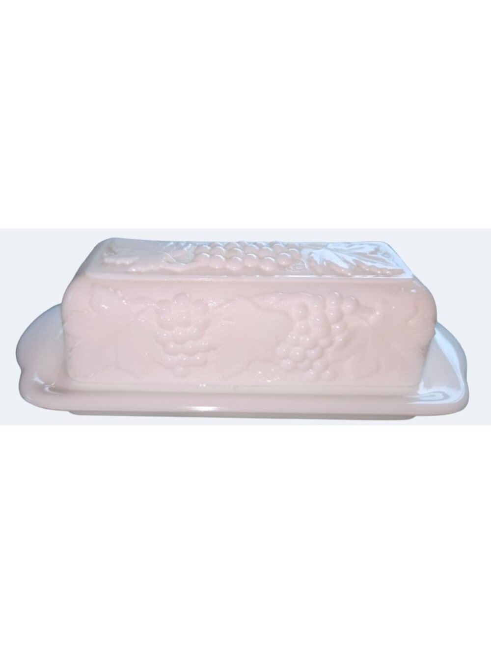 Vintage Milk Glass Butter Dish Grapevine Pattern Rectangular Design With Lid•Gra